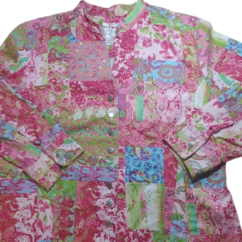 Boho Jacket Patchwork Pailsey Stretch Pink Floral… - image 12